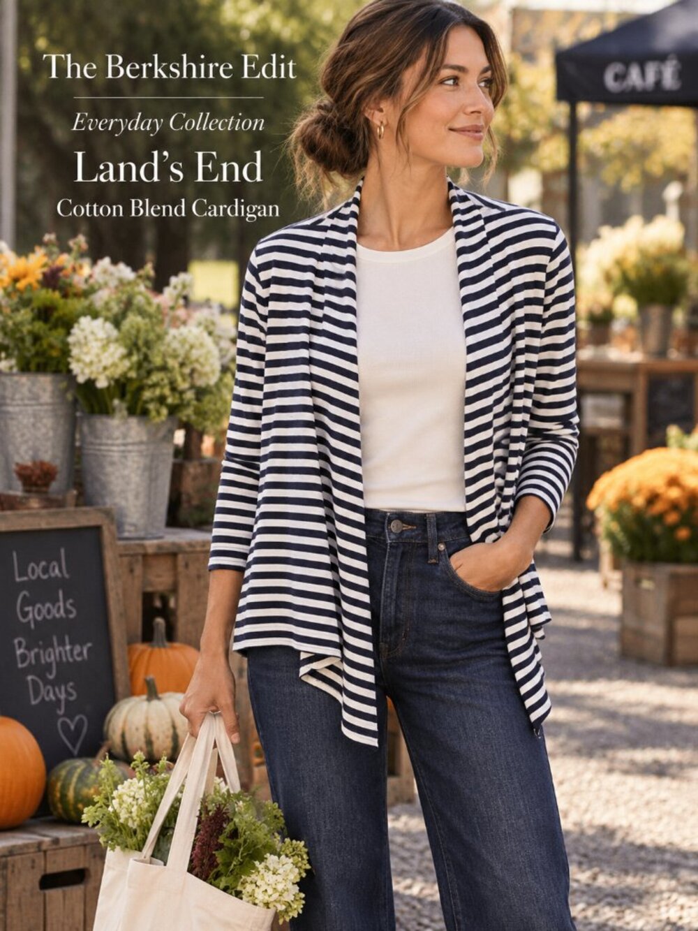 Lands' End Navy White Striped Open Front Cardigan Cotton Blend Petite M